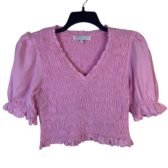 Endless‎ Rose Size L Top Pink Smocked Cropped Short Sleeve Peasant Boho Barbie - Picture 1 of 9